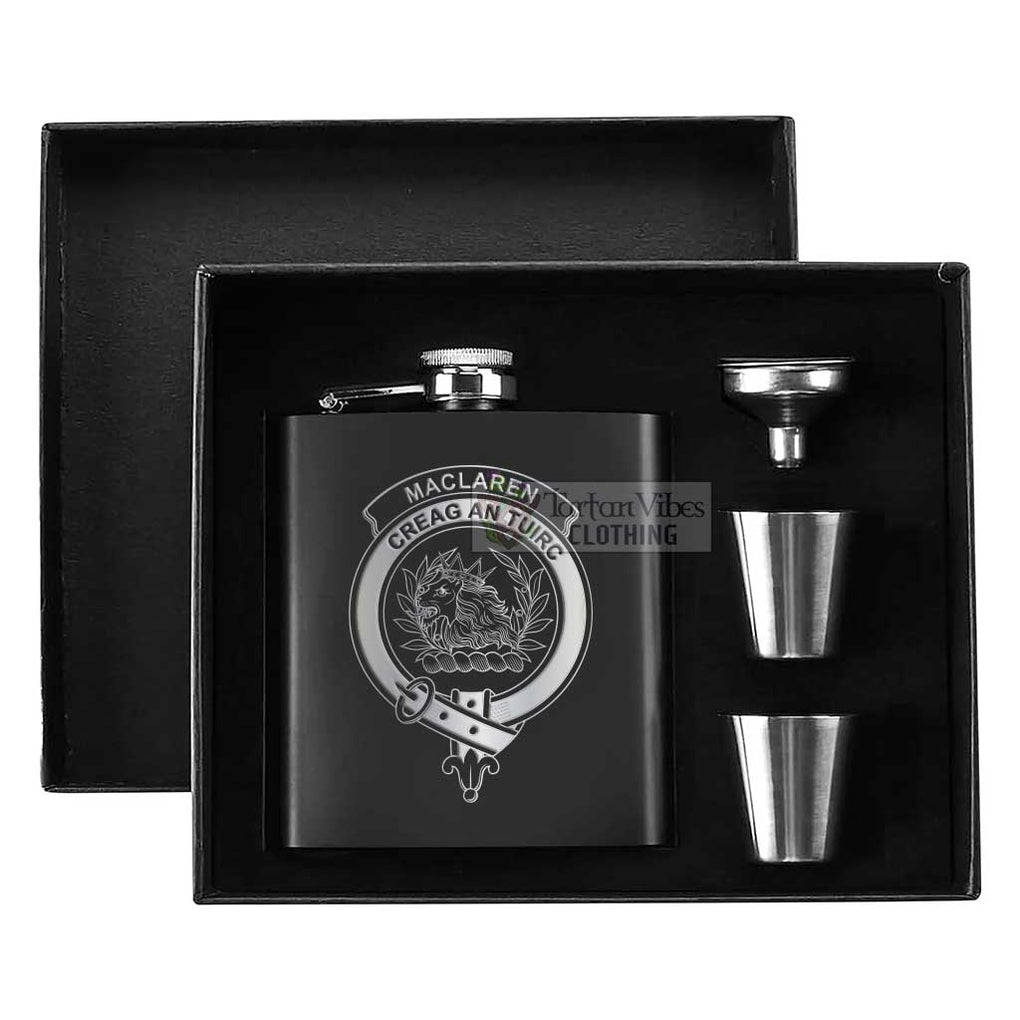 Tartan Vibes Clothing MacLaren (McLaren) Crest Hip Flask Set 7oz Black Stainless Steel with A Gift Box