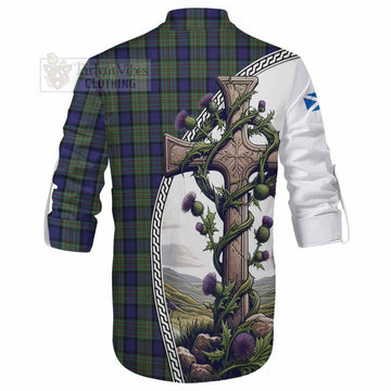 MacLaren (McLaren) Tartan Ghillie Kilt Shirt with Family Crest and St. Andrew's Cross Accented by Thistle Vines