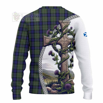 MacLaren (McLaren) Tartan Knitted Sweater with Family Crest and St. Andrew's Cross Accented by Thistle Vines