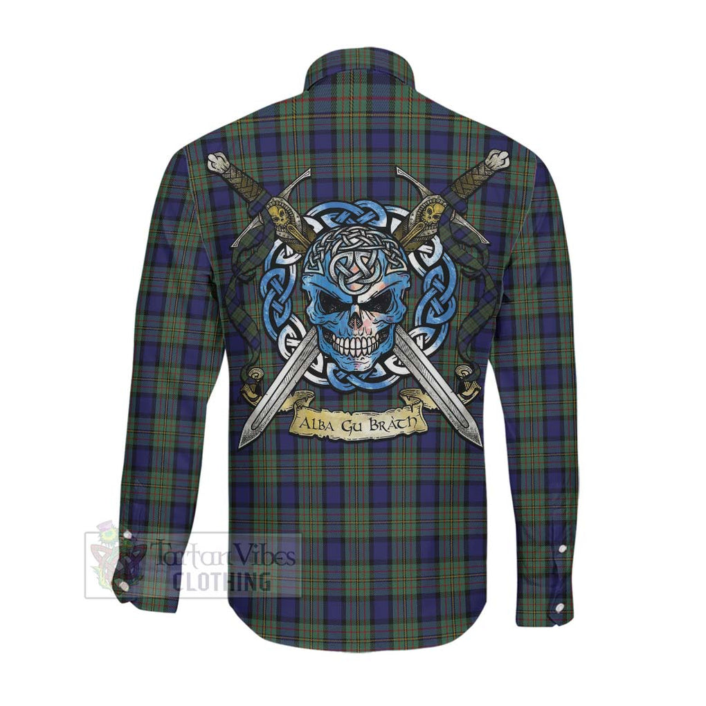 Tartan Vibes Clothing MacLaren (McLaren) Tartan Long Sleeve Button Shirt with Family Crest Celtic Skull Style