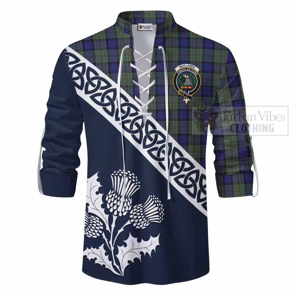 Tartan Vibes Clothing MacLaren (McLaren) Tartan Ghillie Kilt Shirt Featuring Thistle and Scotland Map