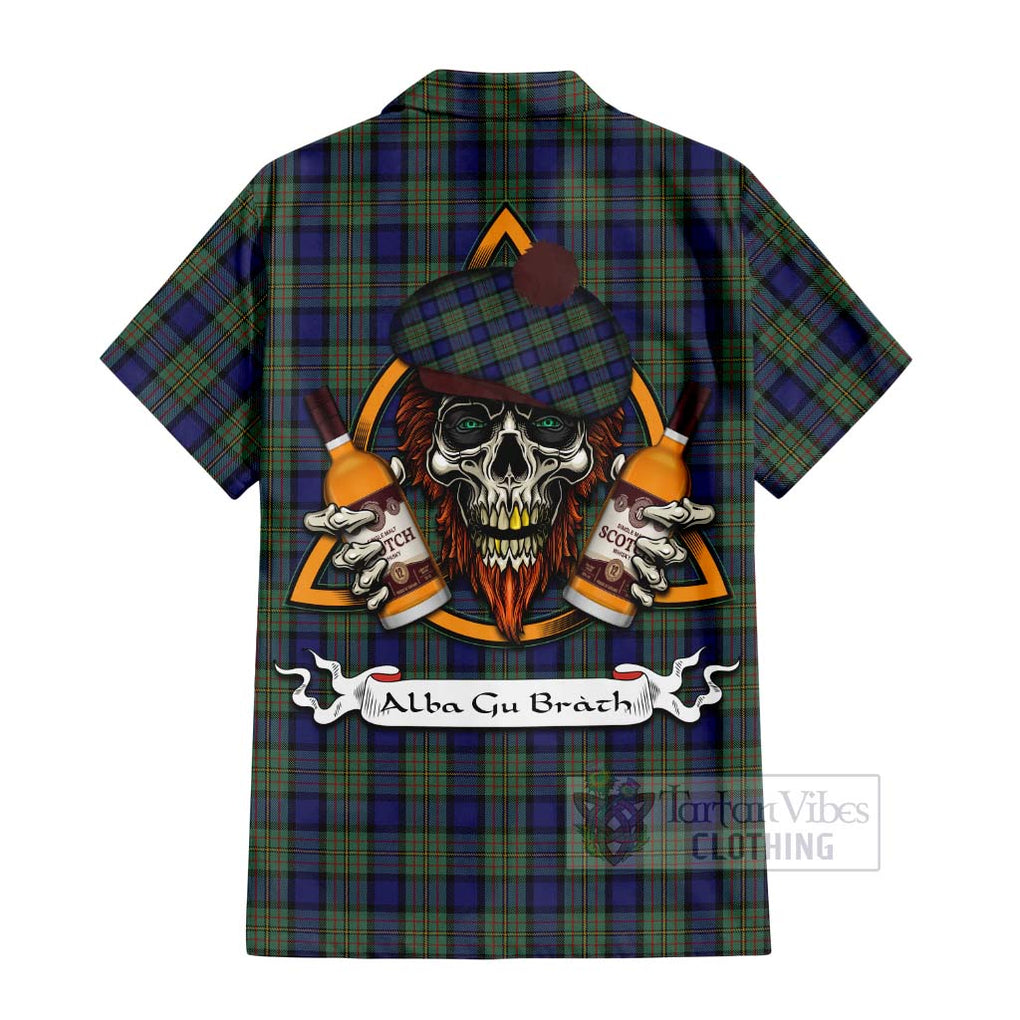 Tartan Vibes Clothing MacLaren (McLaren) Tartan Short Sleeve Button Shirt with Family Crest and Bearded Skull Holding Bottles of Whiskey