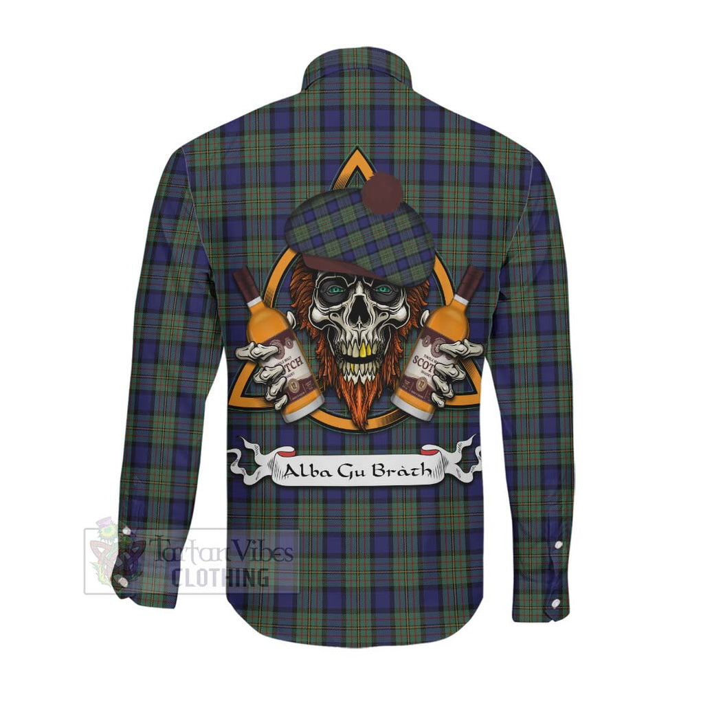 Tartan Vibes Clothing MacLaren (McLaren) Tartan Long Sleeve Button Shirt with Family Crest and Bearded Skull Holding Bottles of Whiskey