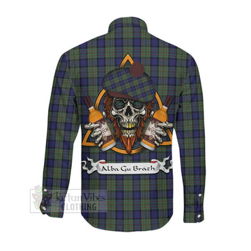 MacLaren (McLaren) Tartan Long Sleeve Button Shirt with Family Crest and Bearded Skull Holding Bottles of Whiskey