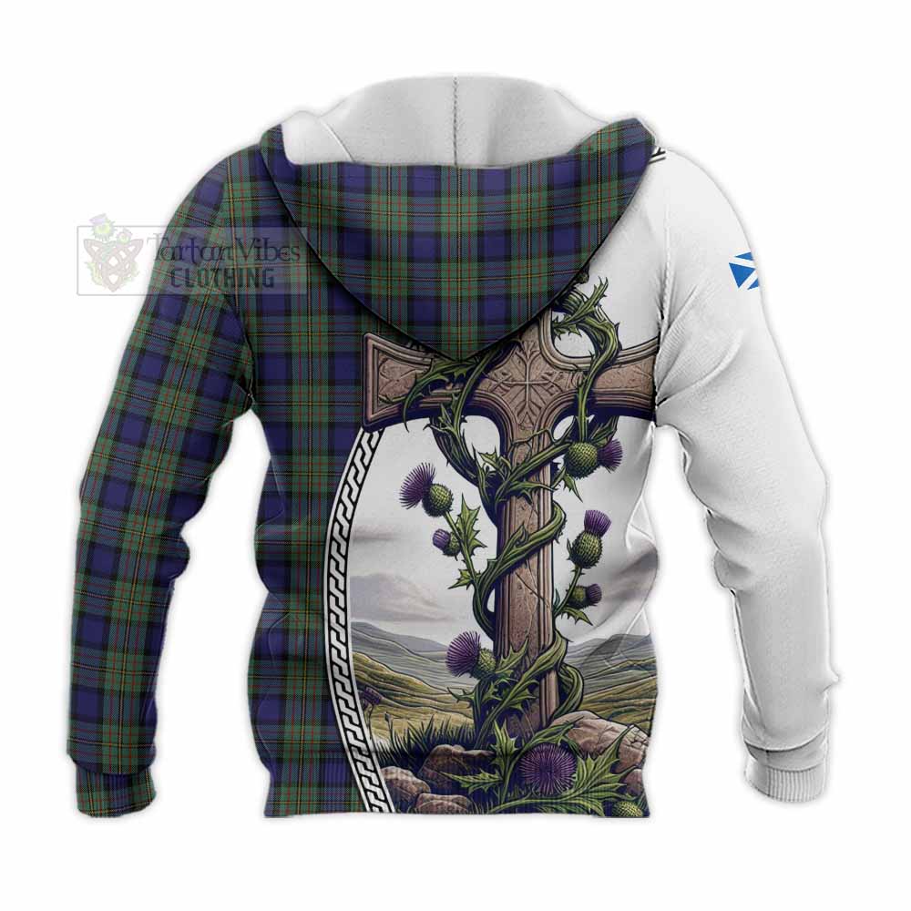 Tartan Vibes Clothing MacLaren (McLaren) Tartan Knitted Hoodie with Family Crest and St. Andrew's Cross Accented by Thistle Vines