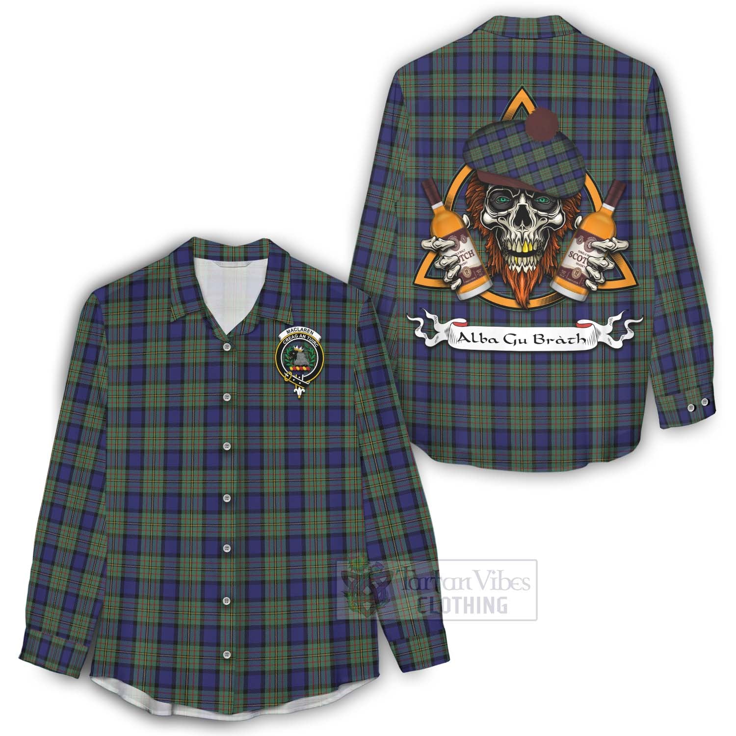 Tartan Vibes Clothing MacLaren (McLaren) Tartan Women's Casual Shirt with Family Crest and Bearded Skull Holding Bottles of Whiskey