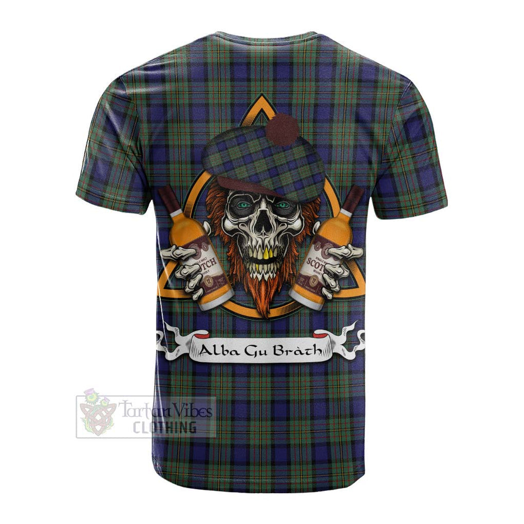 Tartan Vibes Clothing MacLaren (McLaren) Tartan Cotton T-shirt with Family Crest and Bearded Skull Holding Bottles of Whiskey