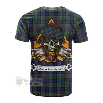 MacLaren (McLaren) Tartan Cotton T-shirt with Family Crest and Bearded Skull Holding Bottles of Whiskey