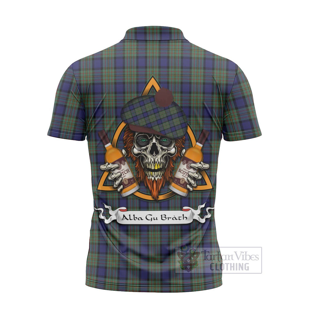 Tartan Vibes Clothing MacLaren (McLaren) Tartan Zipper Polo Shirt with Family Crest and Bearded Skull Holding Bottles of Whiskey