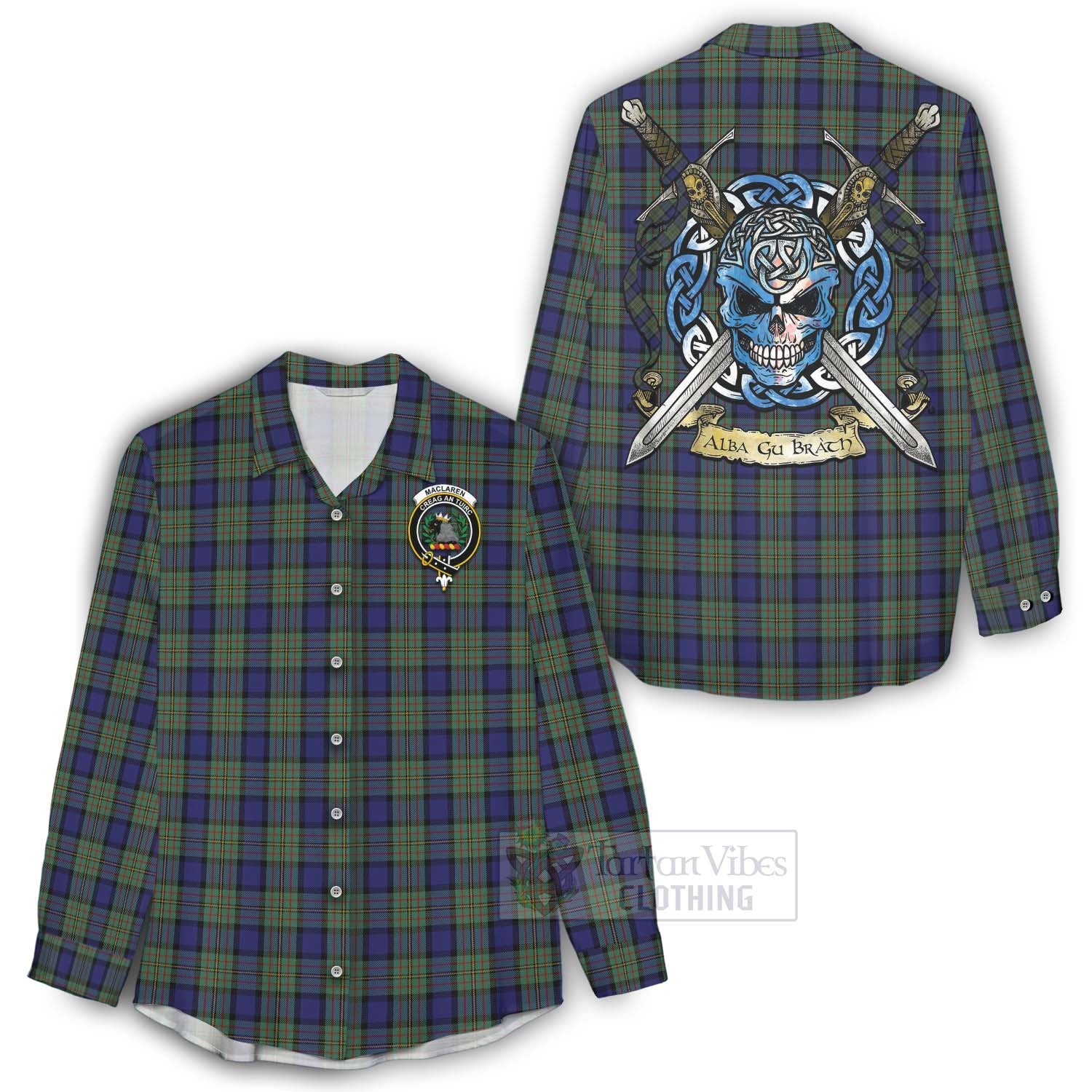 Tartan Vibes Clothing MacLaren (McLaren) Tartan Women's Casual Shirt with Family Crest Celtic Skull Style