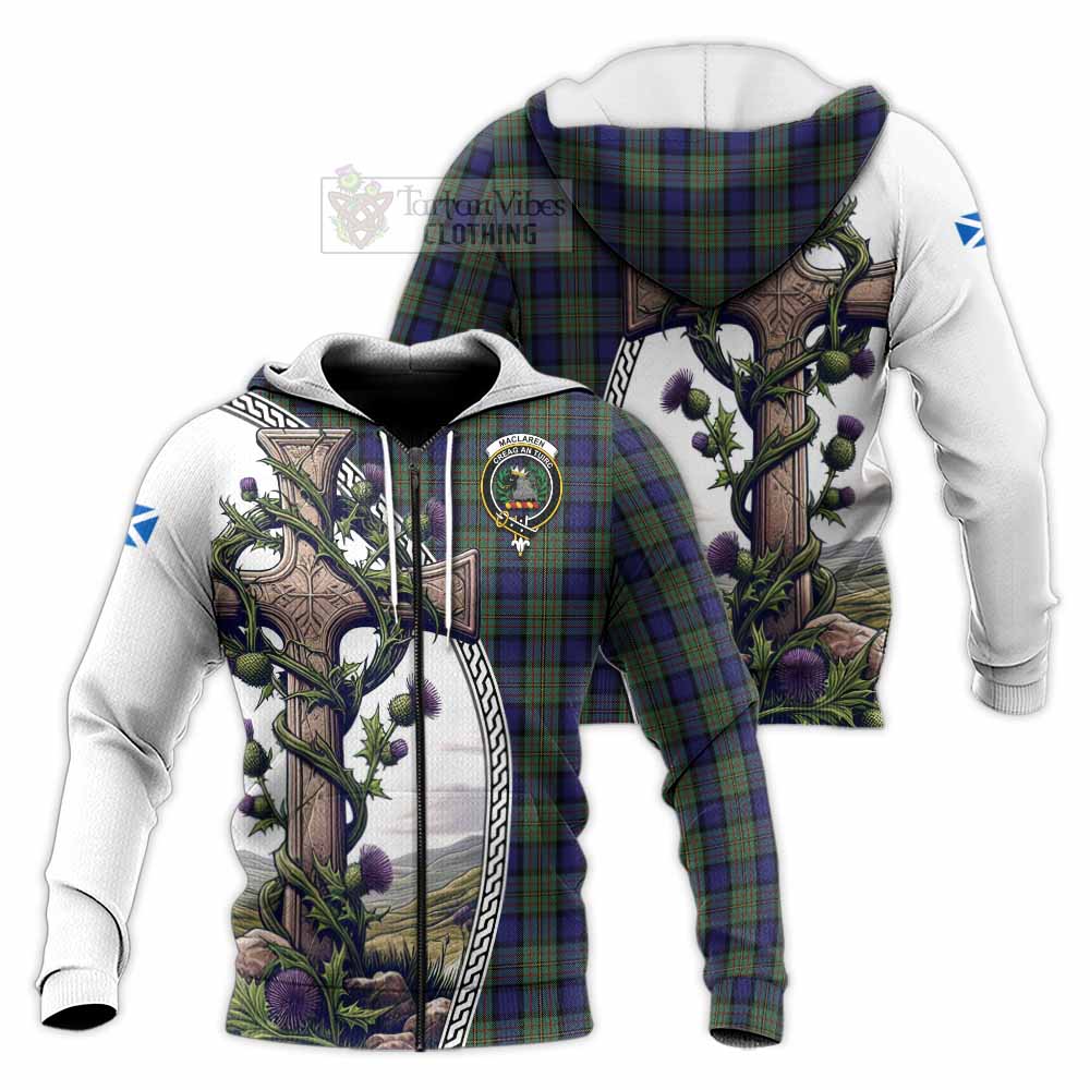 Tartan Vibes Clothing MacLaren (McLaren) Tartan Knitted Hoodie with Family Crest and St. Andrew's Cross Accented by Thistle Vines