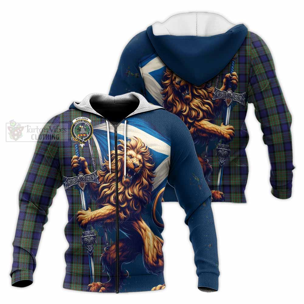 Tartan Vibes Clothing MacLaren (McLaren) Tartan Family Crest Knitted Hoodie with Scottish Majestic Lion