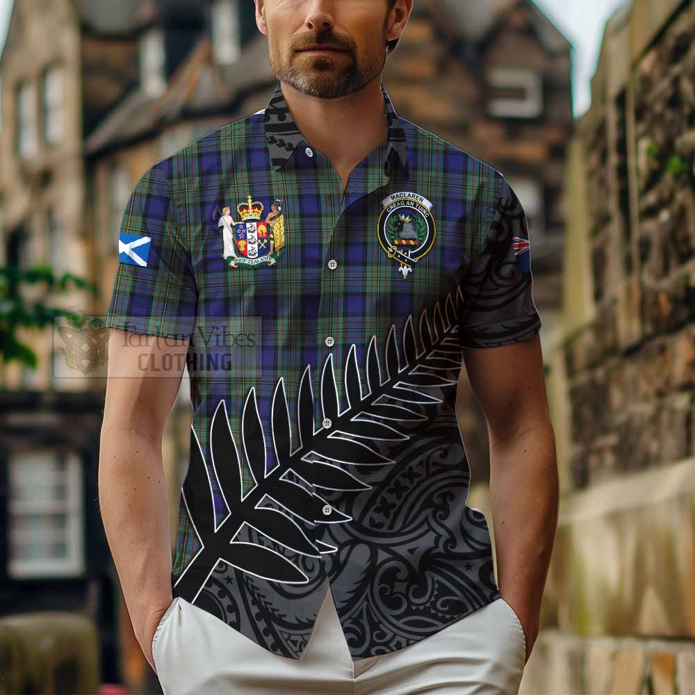 Tartan Vibes Clothing MacLaren (McLaren) Crest Tartan Short Sleeve Button Shirt with New Zealand Silver Fern Half Style