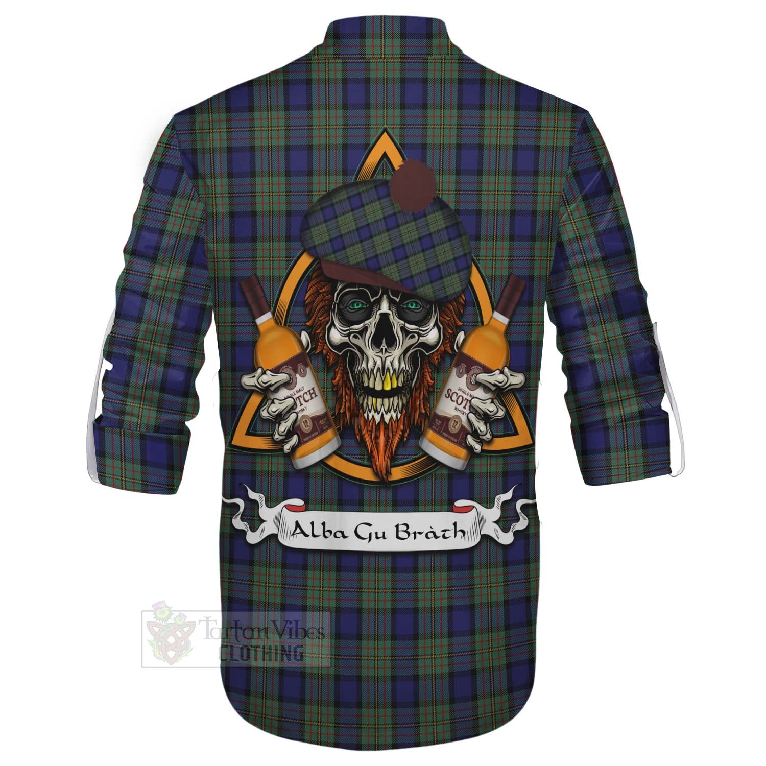 Tartan Vibes Clothing MacLaren (McLaren) Tartan Ghillie Kilt Shirt with Family Crest and Bearded Skull Holding Bottles of Whiskey