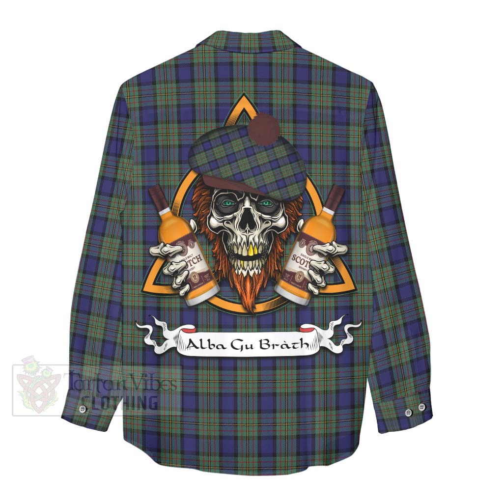 Tartan Vibes Clothing MacLaren (McLaren) Tartan Women's Casual Shirt with Family Crest and Bearded Skull Holding Bottles of Whiskey