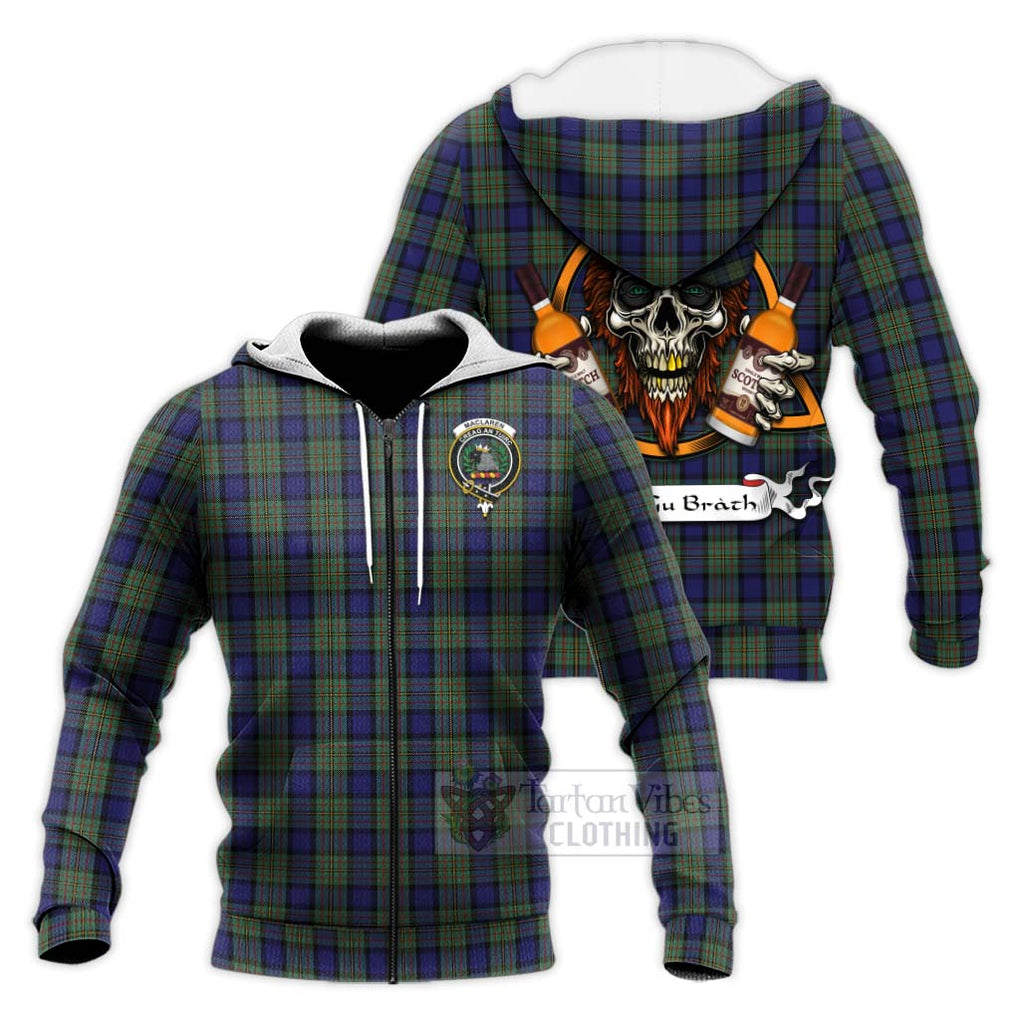 Tartan Vibes Clothing MacLaren (McLaren) Tartan Knitted Hoodie with Family Crest and Bearded Skull Holding Bottles of Whiskey