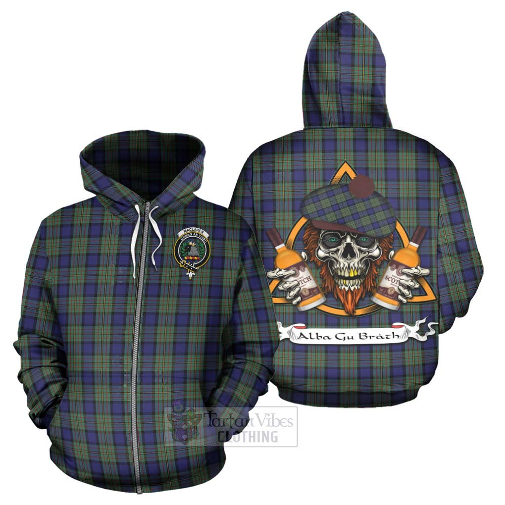 Tartan Vibes Clothing MacLaren (McLaren) Tartan Hoodie with Family Crest and Bearded Skull Holding Bottles of Whiskey