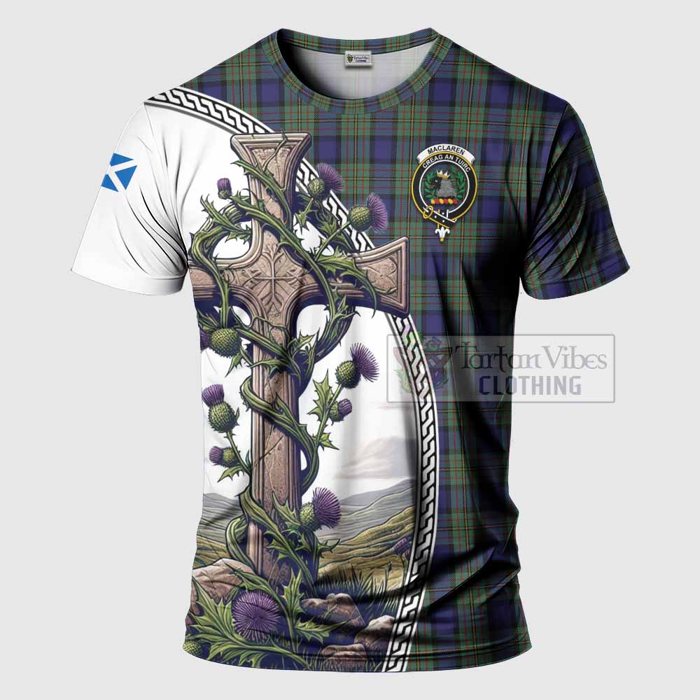 Tartan Vibes Clothing MacLaren (McLaren) Agnew Tartan T-Shirt with Family Crest and St. Andrew's Cross Accented by Thistle Vines