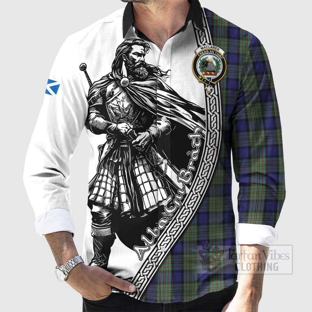 Tartan Vibes Clothing MacLaren (McLaren) Tartan Clan Crest Long Sleeve Button Shirt with Highlander Warrior Celtic Style