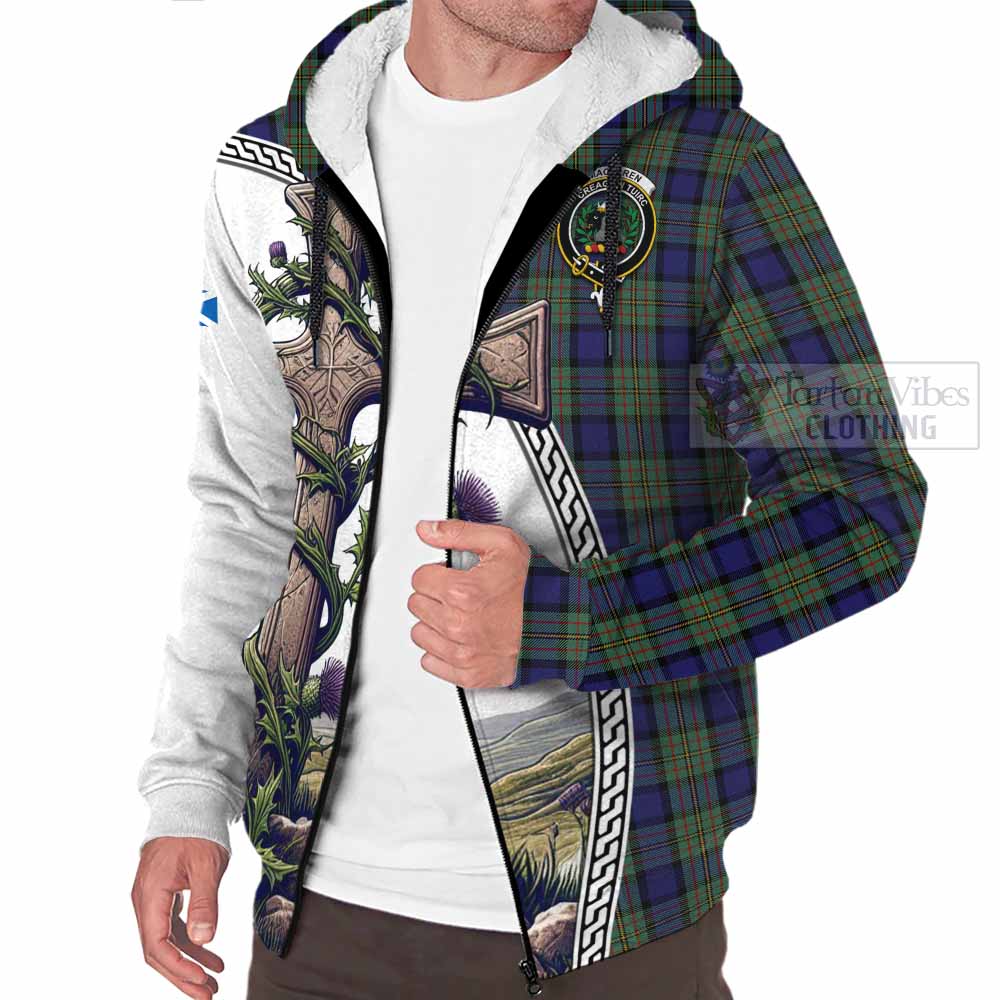 Tartan Vibes Clothing MacLaren (McLaren) Tartan Sherpa Hoodie with Family Crest and St. Andrew's Cross Accented by Thistle Vines