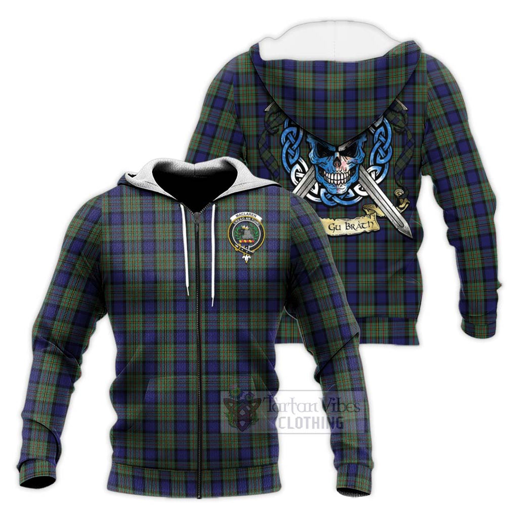 Tartan Vibes Clothing MacLaren (McLaren) Tartan Knitted Hoodie with Family Crest Celtic Skull Style