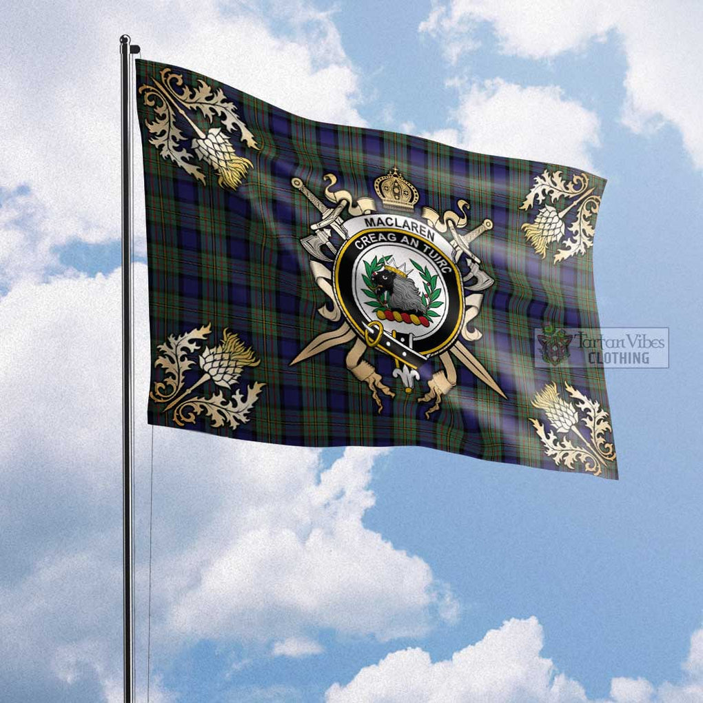 Tartan Vibes Clothing MacLaren (McLaren) Tartan Flag with Family Crest and Golden Thistle Crossed Sword Design