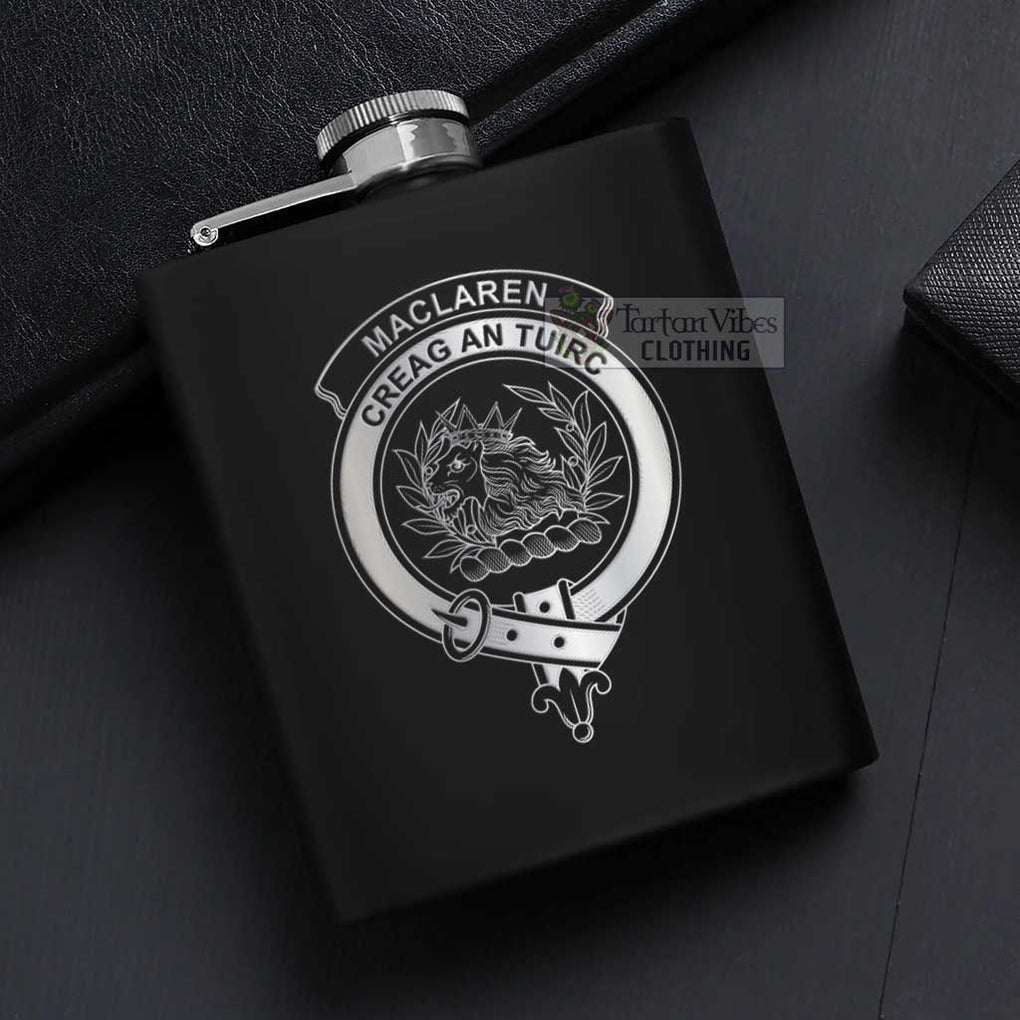 Tartan Vibes Clothing MacLaren (McLaren) Crest Hip Flask Set 7oz Black Stainless Steel with A Gift Box