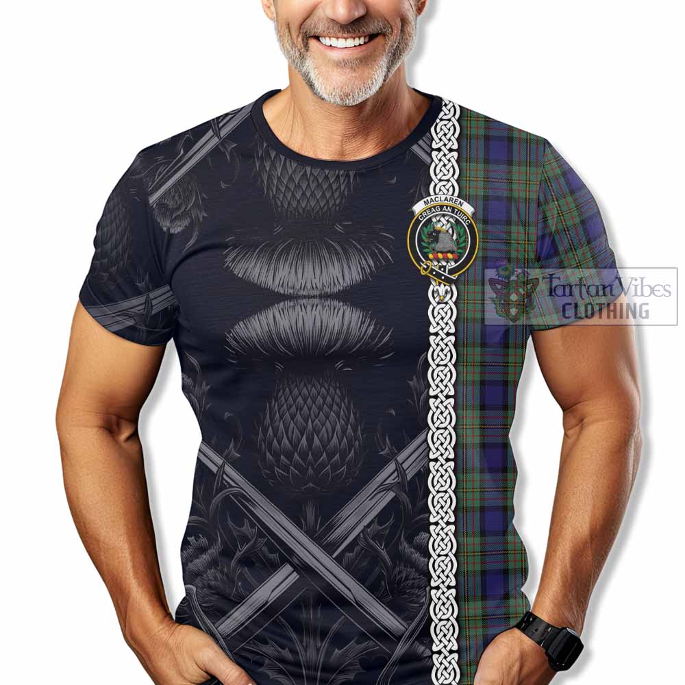 Tartan Vibes Clothing MacLaren (McLaren) Tartan T-Shirt with Family Crest Cross Sword Thistle Celtic Vibes