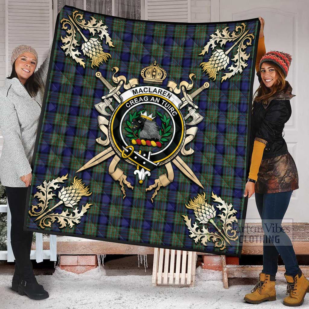 Tartan Vibes Clothing MacLaren (McLaren) Tartan Quilt with Family Crest and Scottish Golden Courage Shield