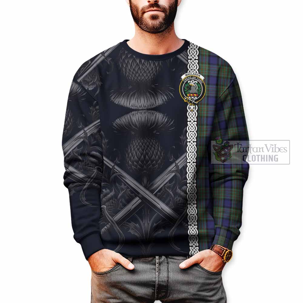 Tartan Vibes Clothing MacLaren (McLaren) Tartan Sweatshirt with Family Crest Cross Sword Thistle Celtic Vibes