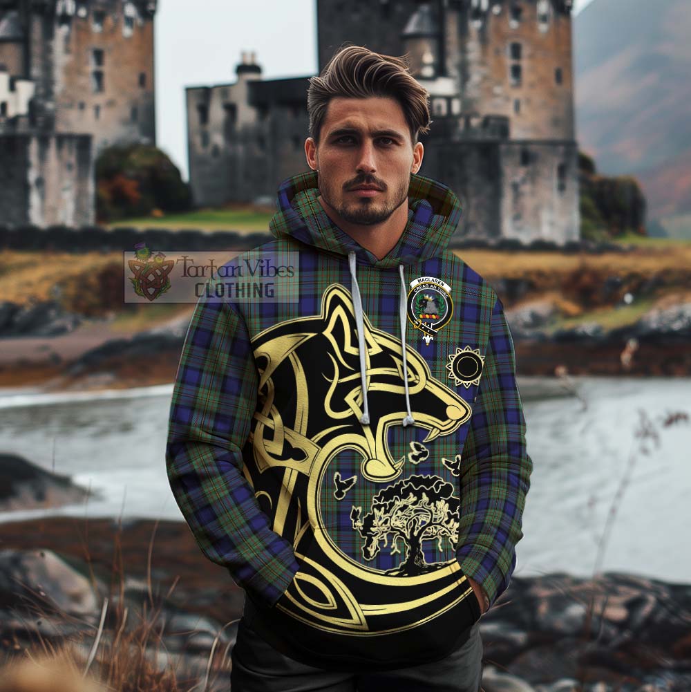 Tartan Vibes Clothing MacLaren (McLaren) Tartan Cotton Hoodie with Family Crest Celtic Wolf Style