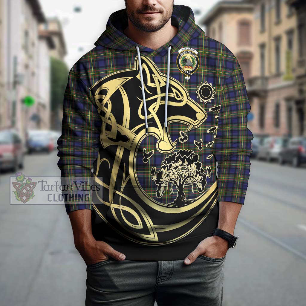 Tartan Vibes Clothing MacLaren Modern Tartan Hoodie with Family Crest Celtic Wolf Style