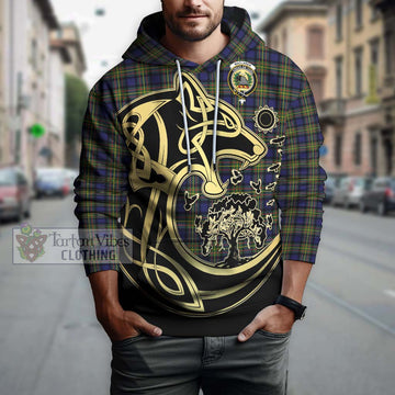 MacLaren Modern Tartan Hoodie with Family Crest Celtic Wolf Style