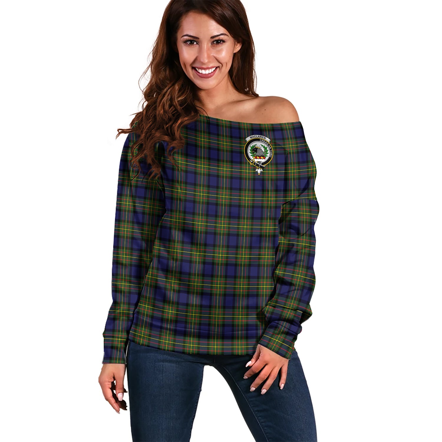 MacLaren Modern Tartan Off Shoulder Women Sweater with Family Crest Women - Tartanvibesclothing