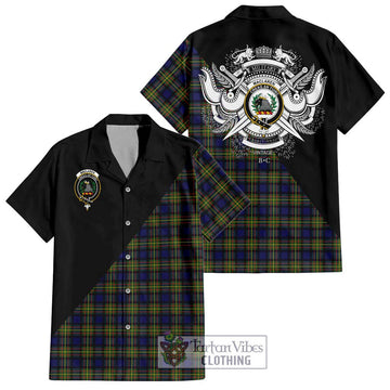 MacLaren Modern Tartan Short Sleeve Button Shirt with Family Crest and Military Logo Style