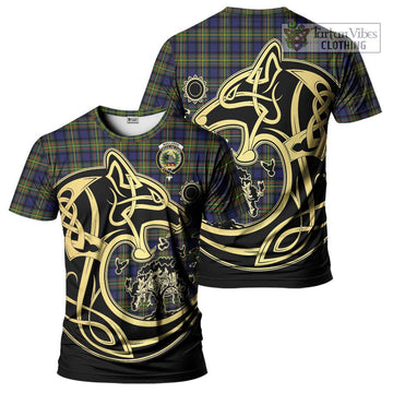 MacLaren Modern Tartan T-Shirt with Family Crest Celtic Wolf Style