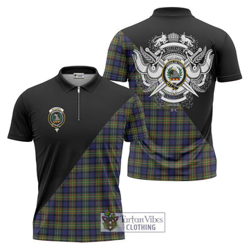 MacLaren Modern Tartan Zipper Polo Shirt with Family Crest and Military Logo Style