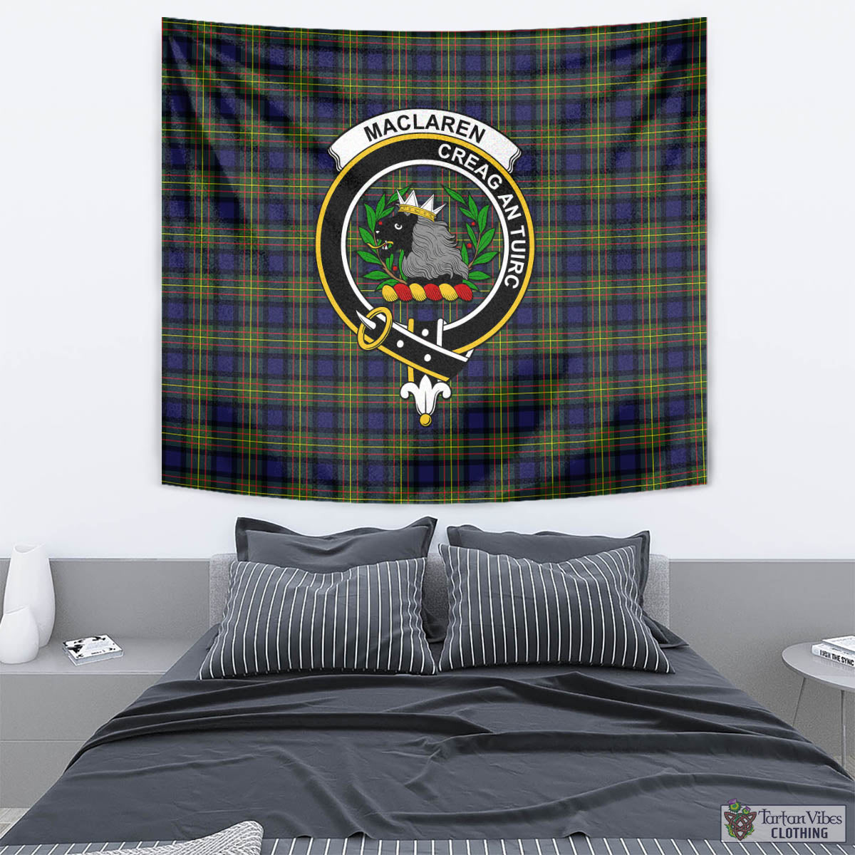 Tartan Vibes Clothing MacLaren Modern Tartan Tapestry Wall Hanging and Home Decor for Room with Family Crest