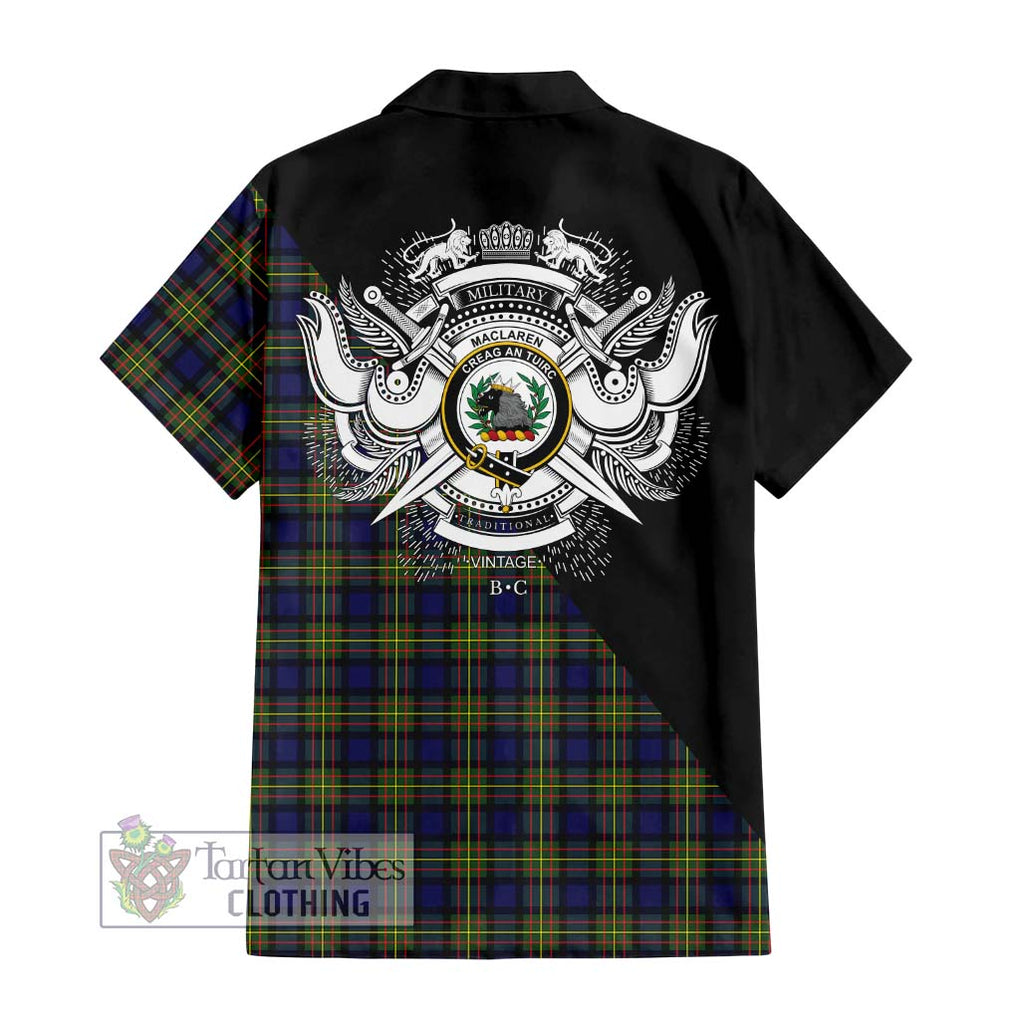 MacLaren Modern Tartan Short Sleeve Button Shirt with Family Crest and Military Logo Style - Tartanvibesclothing Shop