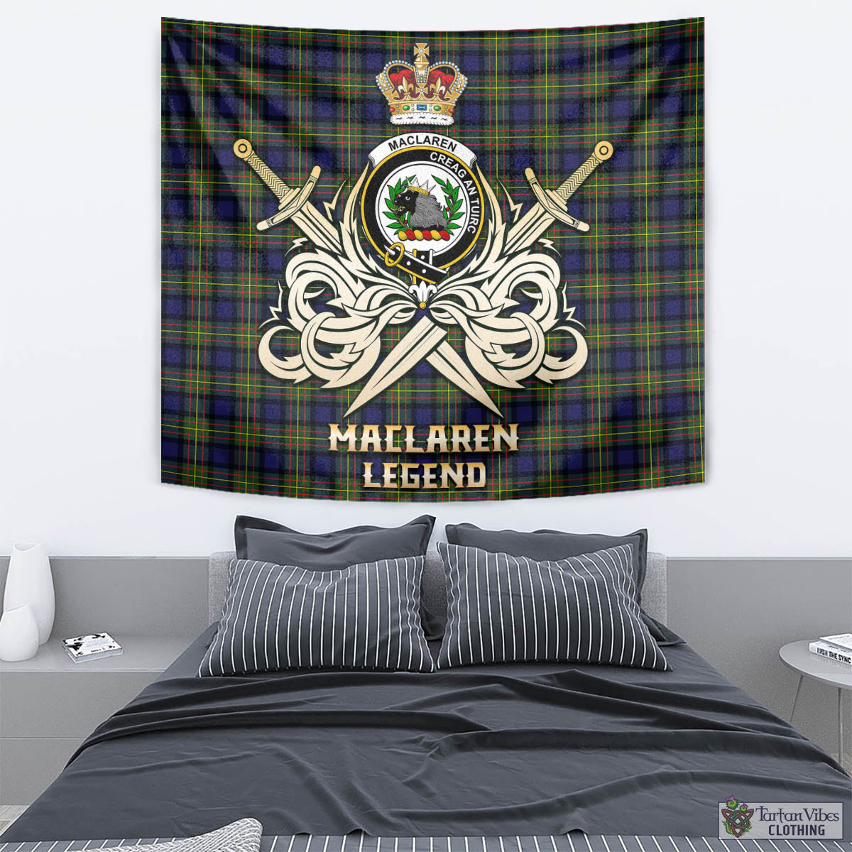 Tartan Vibes Clothing MacLaren Modern Tartan Tapestry with Clan Crest and the Golden Sword of Courageous Legacy