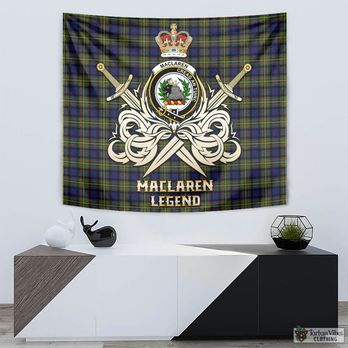 Tartan Vibes Clothing MacLaren Modern Tartan Tapestry with Clan Crest and the Golden Sword of Courageous Legacy