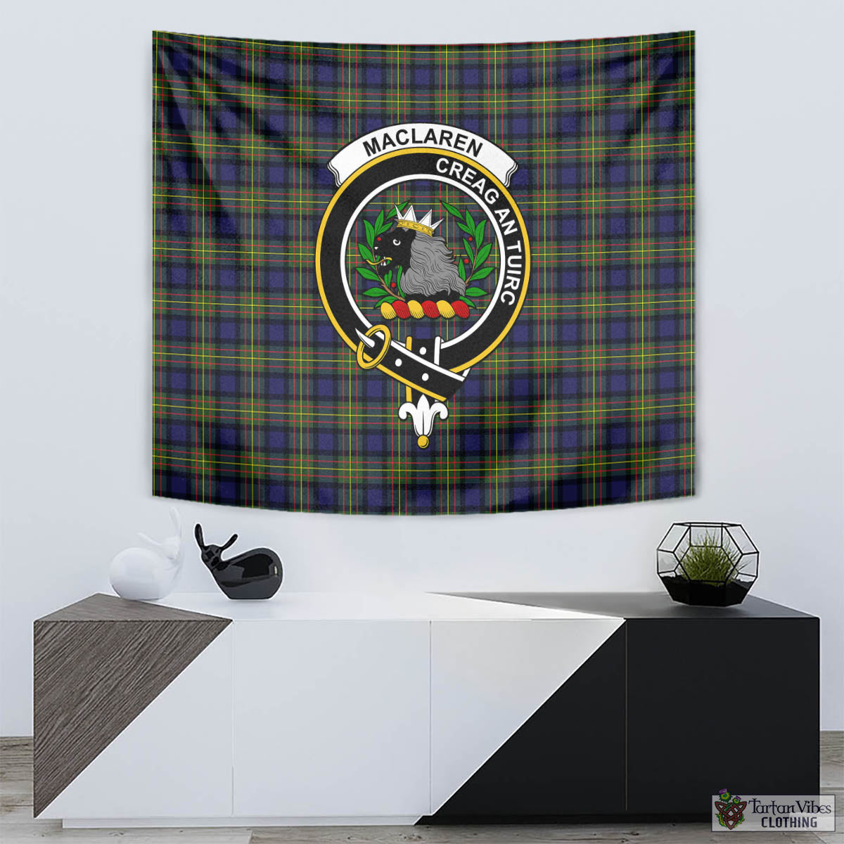 Tartan Vibes Clothing MacLaren Modern Tartan Tapestry Wall Hanging and Home Decor for Room with Family Crest