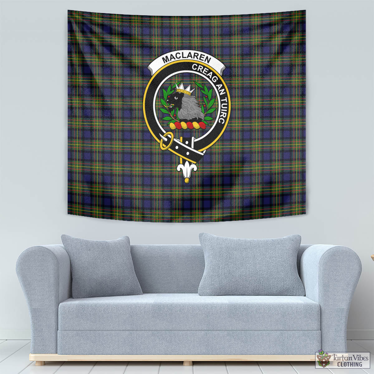 Tartan Vibes Clothing MacLaren Modern Tartan Tapestry Wall Hanging and Home Decor for Room with Family Crest