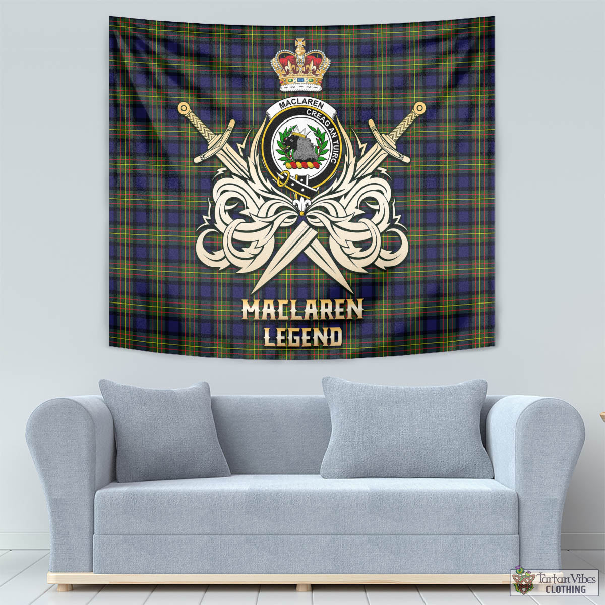 Tartan Vibes Clothing MacLaren Modern Tartan Tapestry with Clan Crest and the Golden Sword of Courageous Legacy