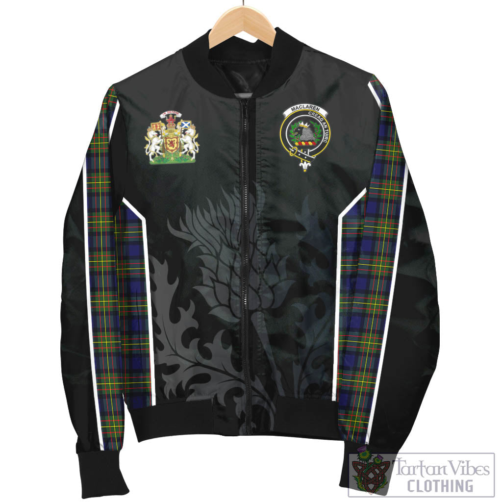 Tartan Vibes Clothing MacLaren Modern Tartan Bomber Jacket with Family Crest and Scottish Thistle Vibes Sport Style