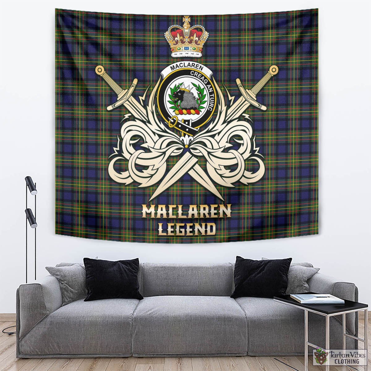 Tartan Vibes Clothing MacLaren Modern Tartan Tapestry with Clan Crest and the Golden Sword of Courageous Legacy