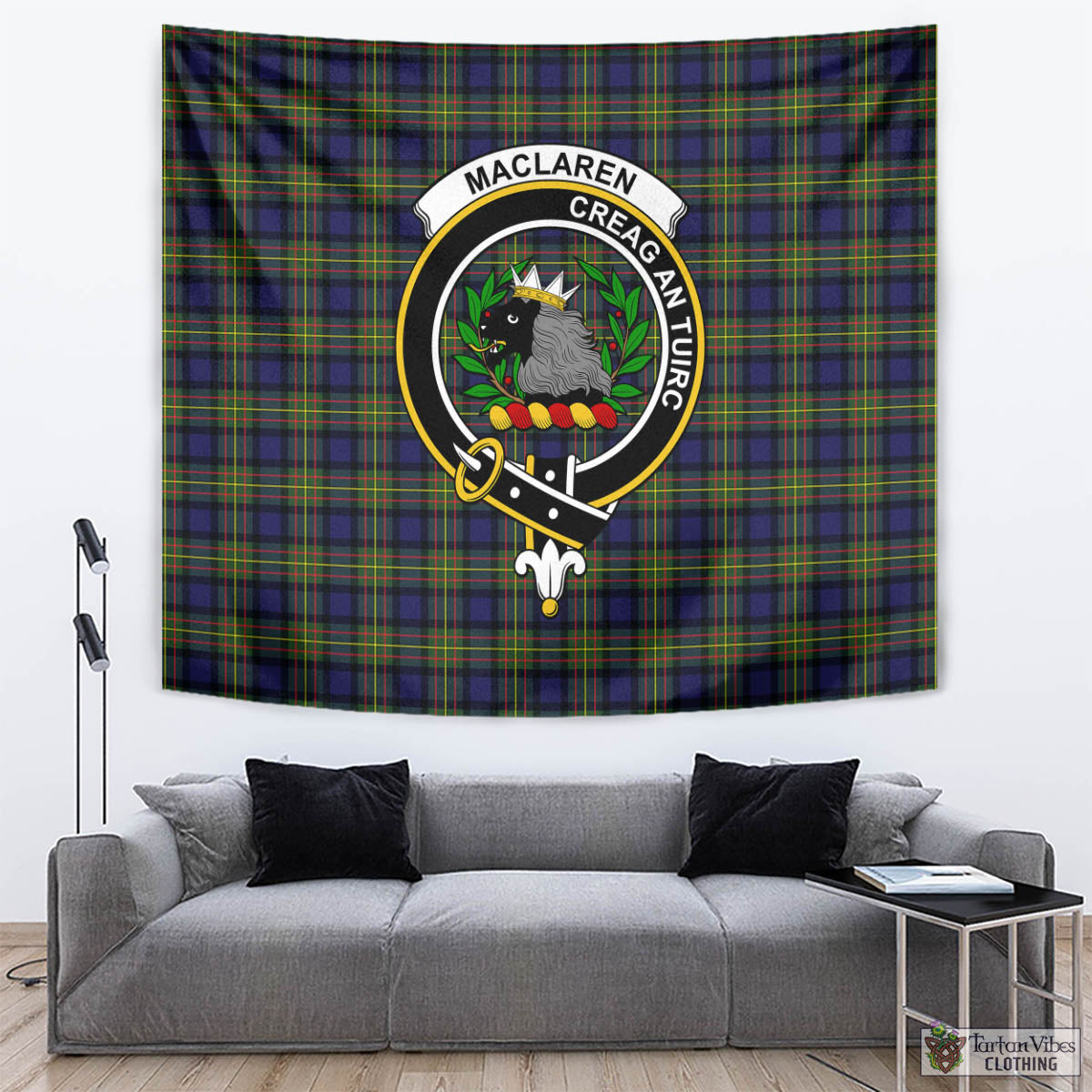 Tartan Vibes Clothing MacLaren Modern Tartan Tapestry Wall Hanging and Home Decor for Room with Family Crest