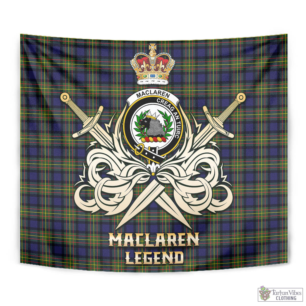 Tartan Vibes Clothing MacLaren Modern Tartan Tapestry with Clan Crest and the Golden Sword of Courageous Legacy