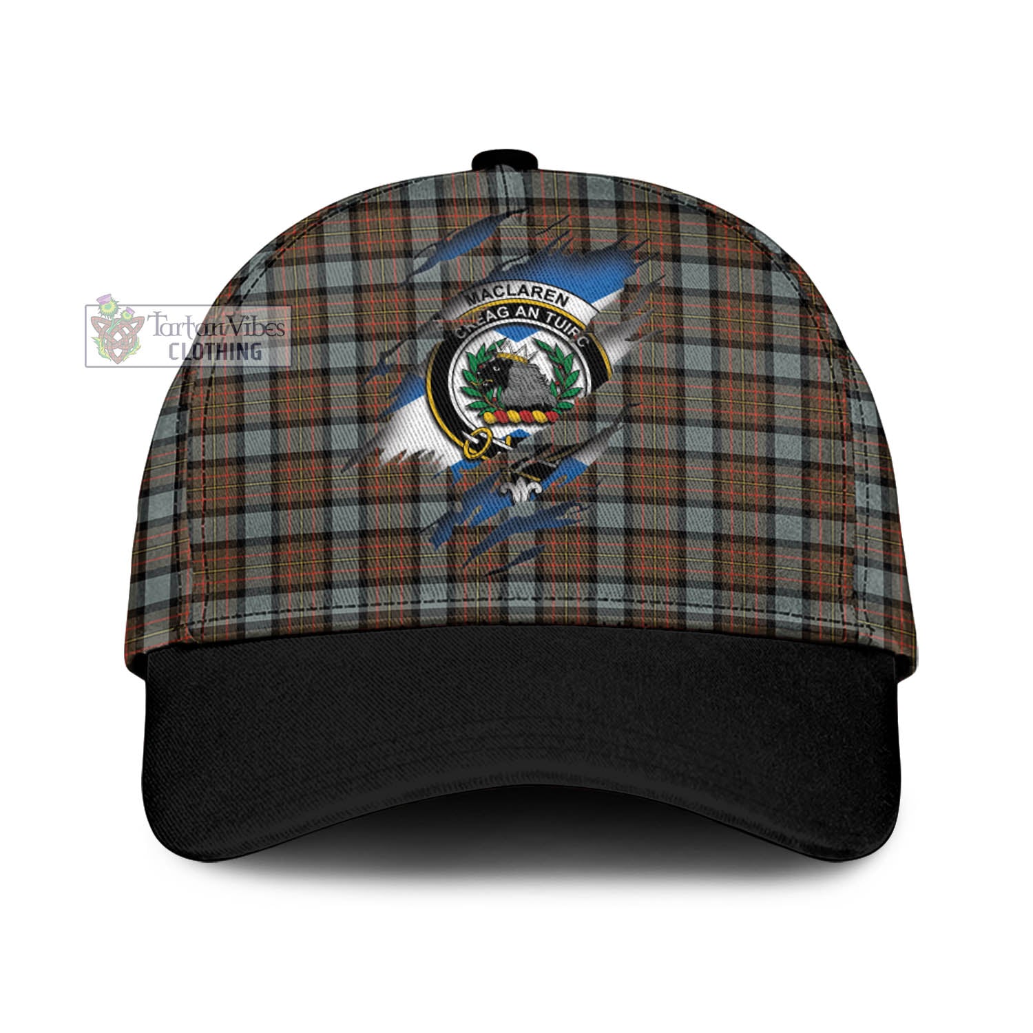 Tartan Vibes Clothing MacLaren Weathered Tartan Classic Cap with Family Crest In Me Style