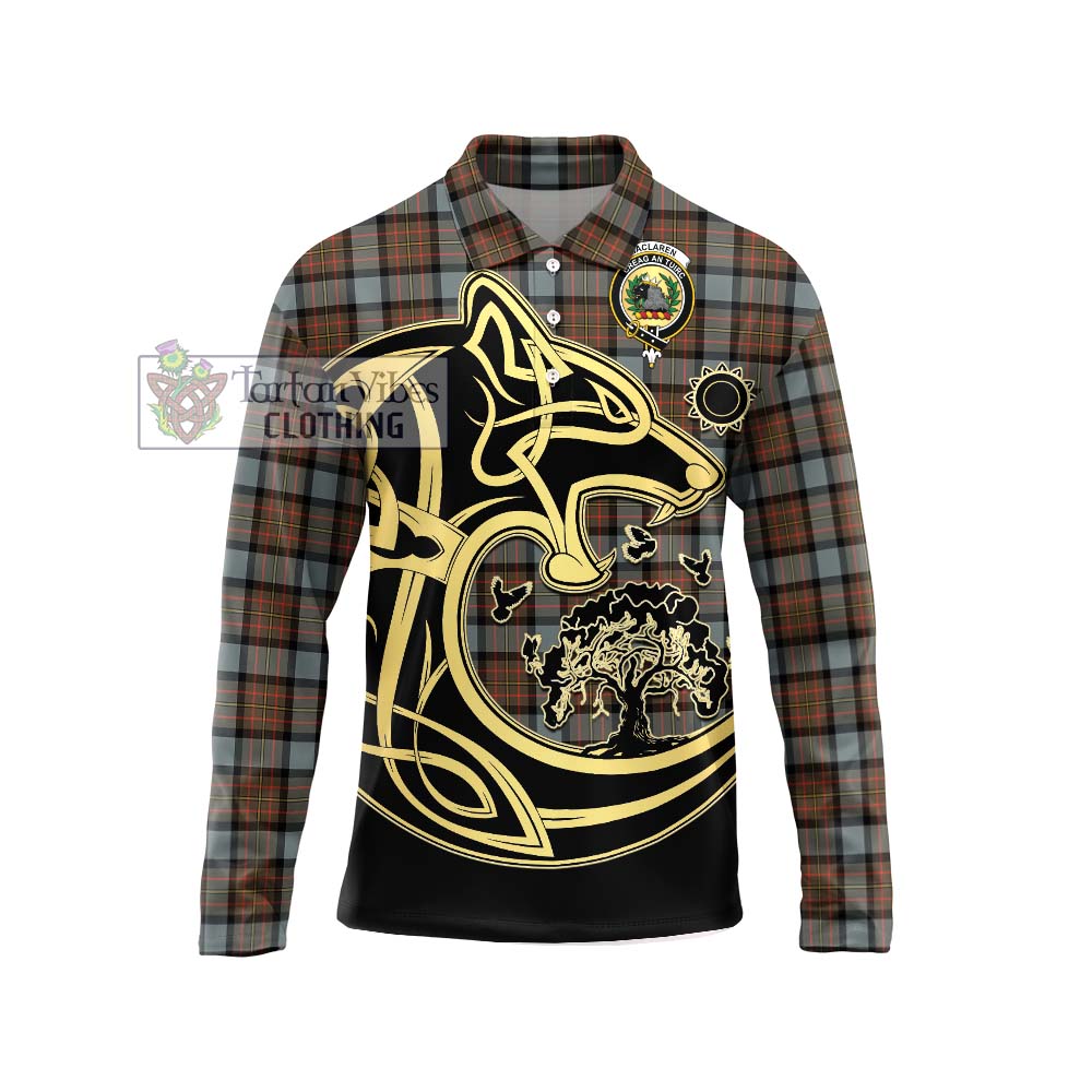 MacLaren Weathered Tartan Long Sleeve Polo Shirt with Family Crest Celtic Wolf Style Unisex - Tartanvibesclothing Shop